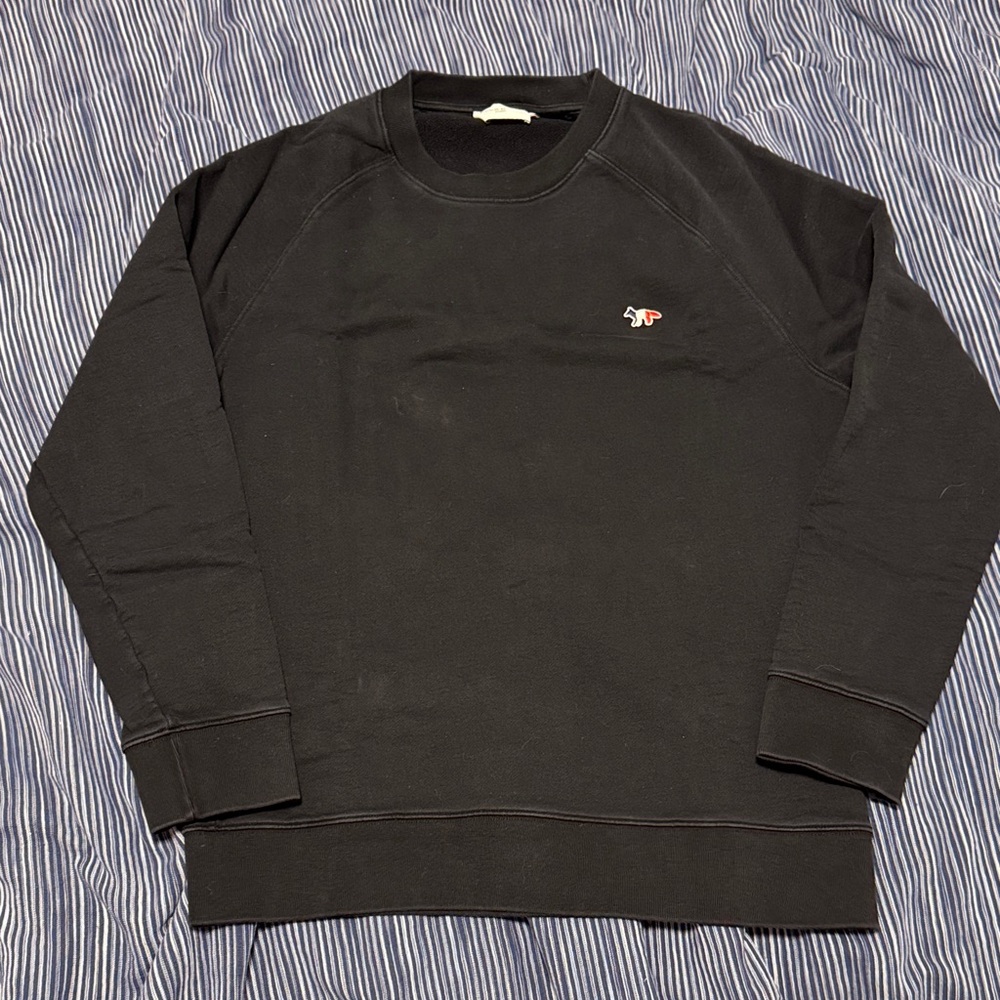 MAISON KITSUNE Black Crewneck Sweatshirt with Tricolor Fox Patch
